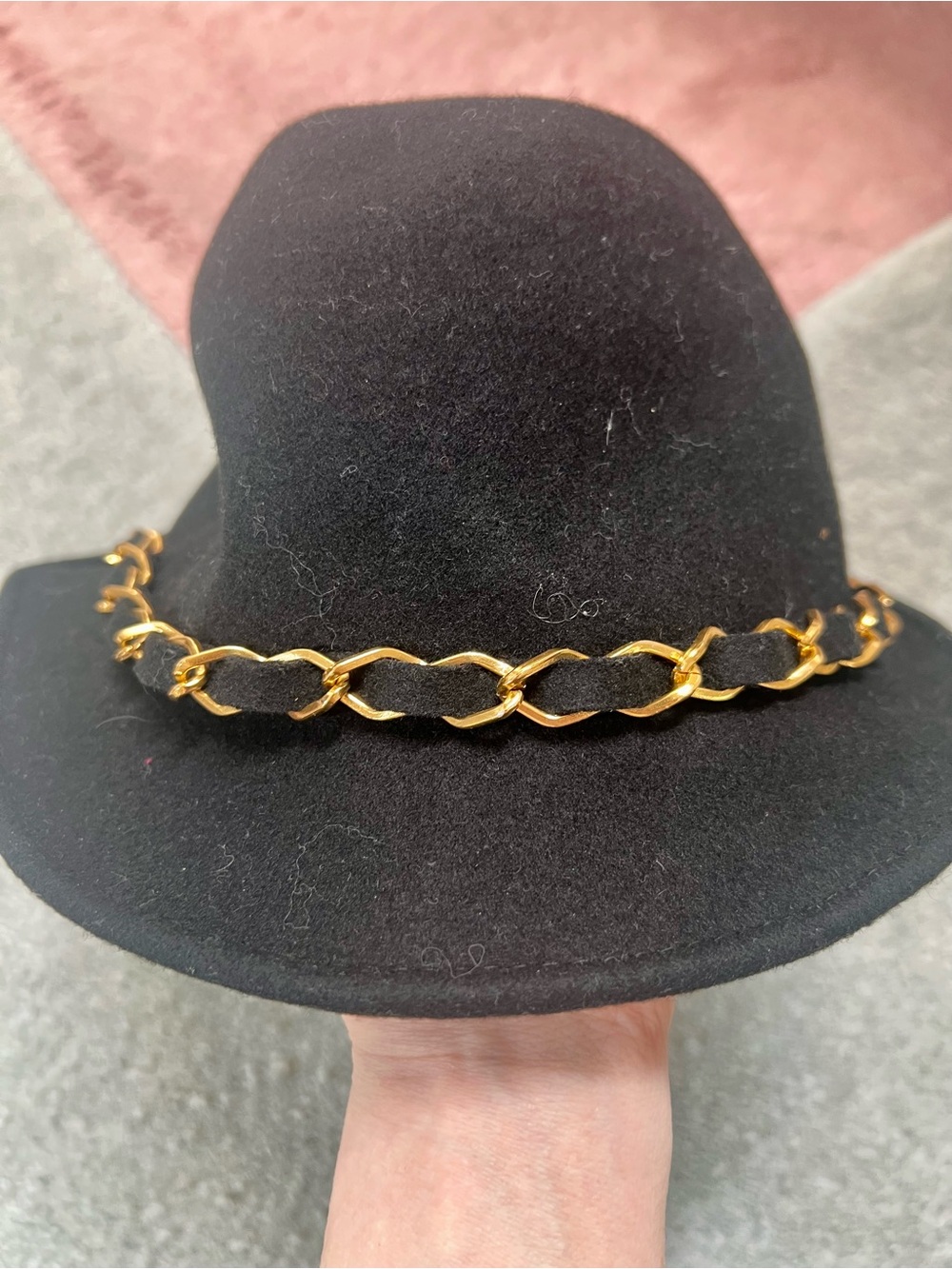 Bebe Black Felt Fedora with Gold Chain Trim